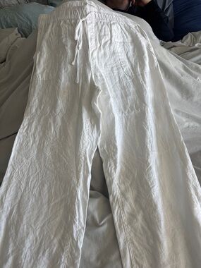 White womens Linen Drawstring Pants